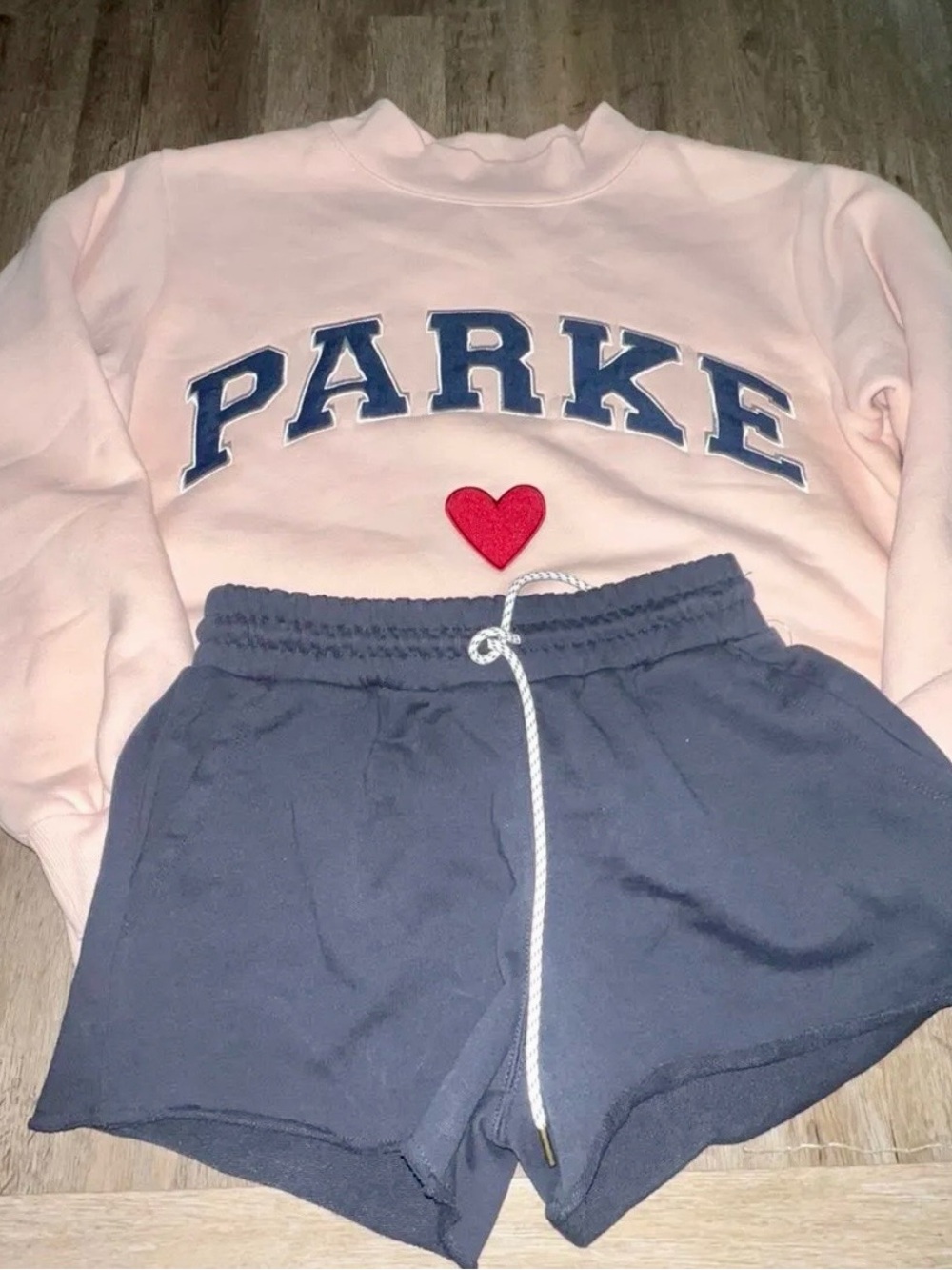 Parke Crewneck Sweater in Light Pink with Navy Lettering